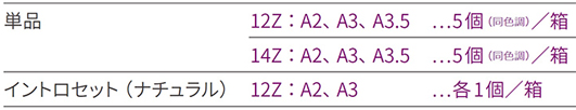 ・単品 12Z：A2、A3、A3.5…5個（同色調）／箱、単品:14Z：A2、A3、A3.5…5個（同色調）／箱・イントロセット（ナチュラル） 12Z：A2、A3…各1個／箱